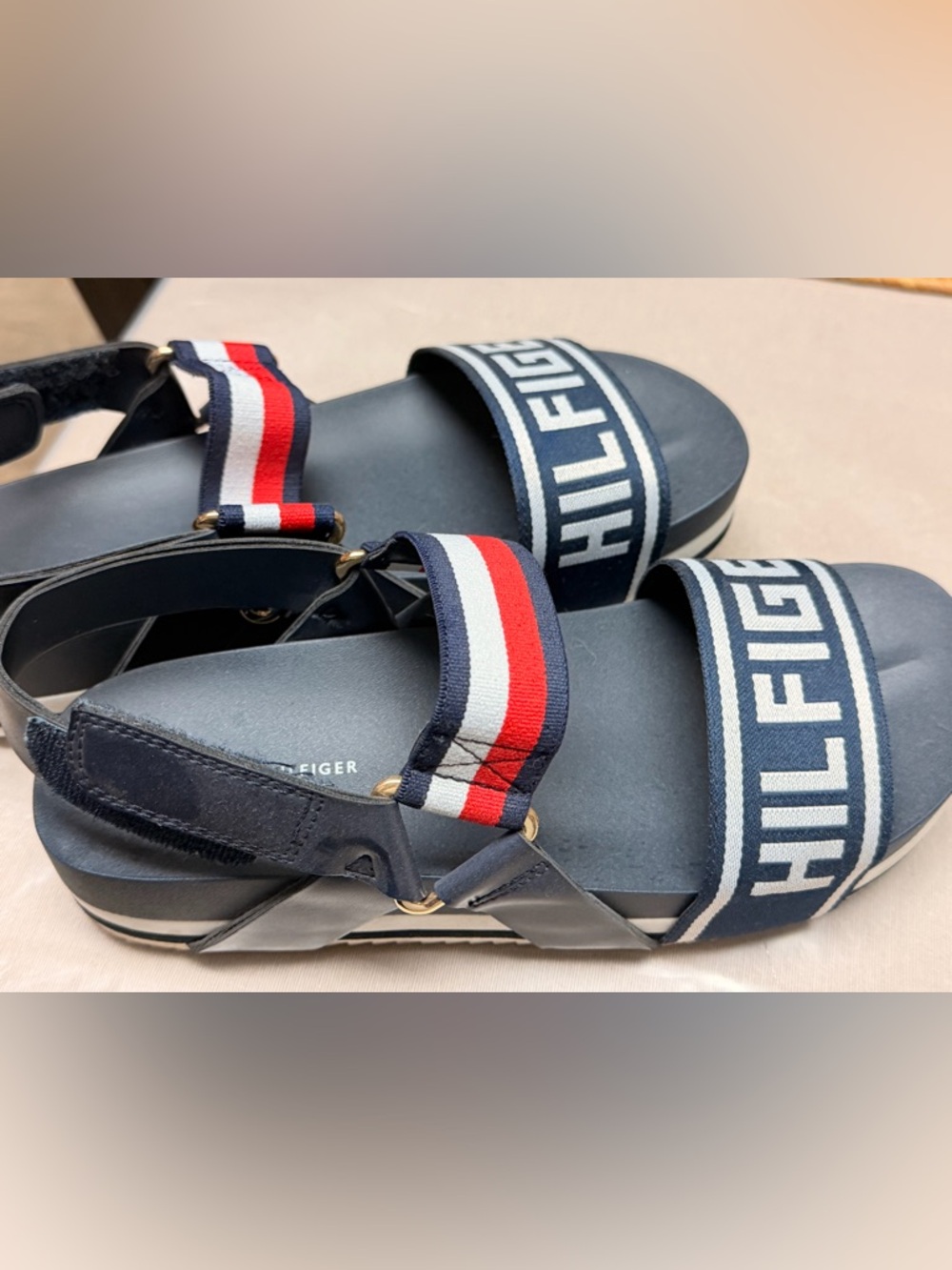 Tommy Hilfiger Navy Sandals with Red and White Stripe Accents
